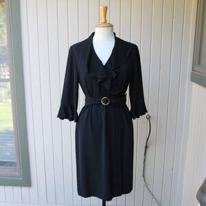 Tahari Arthur S Levine Black 3/4 Sleeve Ruffle Neck Belted Dress 4P